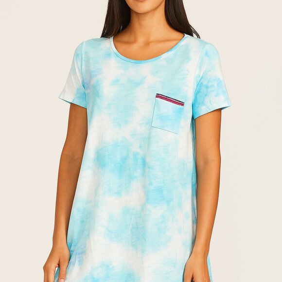 Pitusa T-Shirt Dress Cover Up Blue Tie-Dye Inca Trim Pocket Size Petite NWOT! - Picture 1 of 6